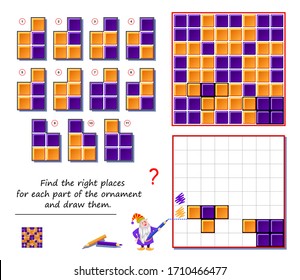 Logic puzzle game for children and adults. Find the right places for each part of ornament and draw them. Printable page for brain teaser book. Developing kids spatial thinking. Flat cartoon vector.