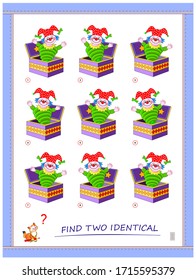 Logic puzzle game for children and adults. Find two identical toy clowns. Printable page for kids brain teaser book. Developing spatial thinking skills. IQ training test. Flat vector cartoon image.