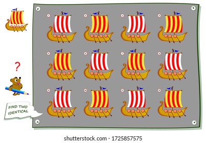 Logic puzzle game for children and adults. Find two identical Viking ships. Printable page for kids brain teaser book. Developing counting skills. Flat vector illustration. Online education. IQ test.