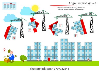 Logic puzzle game for children and adults. Help the worker finish building the houses. Find the missing part for each building. Printable page for kids brain teaser book. Flat cartoon vector.