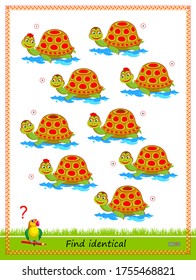 Logic puzzle game for children and adults. Find two identical turtles. Printable page for kids brain teaser book. IQ test. Flat vector cartoon illustration. Task for attentiveness. Play online.