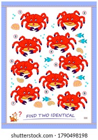 Logic puzzle game for children and adults. Find two identical crabs. Printable page for kids brain teaser book. IQ test. Flat vector cartoon illustration. Task for attentiveness. Play online.