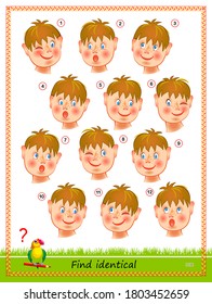 Logic puzzle game for children and adults. Find two identical boys. Printable page for kids brain teaser book. IQ test. Vector cartoon illustration. Task for attentiveness. Play online.
