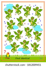 Logic puzzle game for children and adults. Find two identical dragons. Printable page for kids brain teaser book. Developing spatial thinking skills. IQ test. Task for attentiveness. Play online.