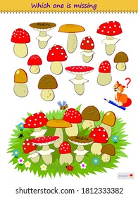 Logic puzzle game for children and adults. Which one of the mushrooms is missing in the meadow? Printable page for kids brain teaser book. Developing spatial thinking skills. IQ test. Play online.