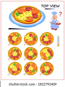 Logic Puzzle Game For Children And Adults. Need To Find Correct Top View Of Pizza. Printable Page For Brain Teaser Book. Developing Spatial Thinking Skills. IQ Test. Flat Cartoon Illustration.