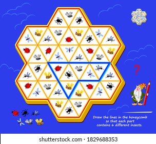 Logic puzzle game for children and adults. Draw the lines in the honeycomb so that each part contains 6 different insects. Printable page for brain teaser book. IQ test. Play online.