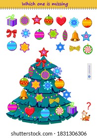 Logic Puzzle Game For Children And Adults. Which One Of The Toys Is Missing On The Christmas Tree? Printable Page For Kids Brain Teaser Book. Task For Attentiveness. IQ Test. Play Online.