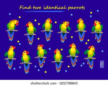 Logic puzzle game for children and adults. Find two identical parrots. Printable page for kids brain teaser book. Developing spatial thinking skills. IQ test. Task for attentiveness. Play online.