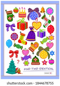 Logic puzzle game for children and adults. Find two identical Christmas gifts. Memory training exercises for seniors. Printable page for kids brain teaser book. Developing spatial thinking. IQ test.