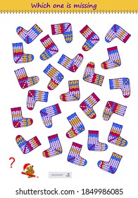 Logic puzzle game for children and adults. Find the pair for each sock. Which is the only one? Printable page for kids brain teaser book. IQ test. Play online. Memory training task for seniors.