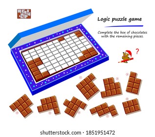 Logic puzzle game for children and adults. Complete the box of chocolates with the remaining pieces. Page for kids brain teaser book. IQ test. Play online. Developing spatial thinking.