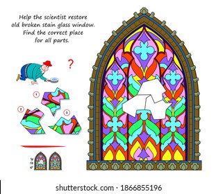 Logic Puzzle Game For Children And Adults. Help The Scientist Restore Old Broken Stain Glass Window. Find Correct Place For All Parts. Page For Kids Brain Teaser Book. Developing Spatial Thinking.