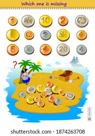 Logic puzzle game for children and adults. Find the coin the pirate did not find on the treasure island. Which one is missing? Kids brain teaser book. Play online. Memory training for seniors.