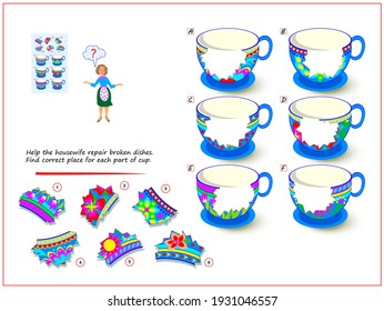 Logic puzzle game for children and adults. Help the housewife repair broken dishes. Find correct place for each part of cup. Page for kids brain teaser book. Developing spatial thinking. Play online.