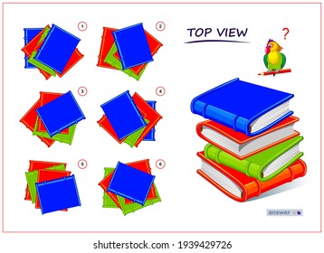 Logic puzzle game for children and adults. 3D maze. Need to find correct top view of books. Printable page for brain teaser book. Developing spatial thinking skills. IQ test. Flat illustration.