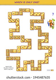 Logic puzzle game for children and adults. Find the piece of domino which is only one. Page for kids brain teaser book. Developing spatial thinking skills. Play online. Memory training for seniors.