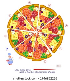 Logic puzzle game for children and adults. Find two identical slices of pizza. Memory exercises for seniors. Printable page for kids brain teaser book. Developing spatial thinking. Play online.