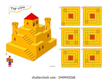 Logic puzzle game for children and adults. 3D maze. Need to find correct top view of tower. Printable page for brain teaser book. Developing spatial thinking skills. IQ test. Flat illustration.