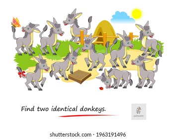 Logic puzzle game for children and adults. Find two identical donkeys. Memory exercises for seniors. Printable page for kids brain teaser book. Developing spatial thinking. IQ test. Play online.