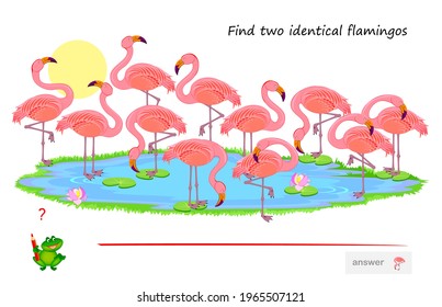 Logic puzzle game for children and adults. Find two identical flamingos. Memory exercises for seniors. Printable page for kids brain teaser book. Developing spatial thinking. IQ test. Play online.