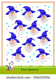 Logic puzzle game for children and adults. Find two identical wizards. Memory exercises for seniors. Printable page for kids brain teaser book. Developing spatial thinking. IQ test. Play online.