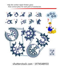 Logic puzzle game for children and adults. Help the worker repair broken gears. Find correct place for each part of mechanism. Page for kids brain teaser book. Play online.