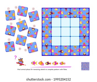 Logic puzzle game for children and adults. Find correct places for remaining details to complete pattern with fishes. Page for kids brain teaser book. Developing spatial thinking. Play online.