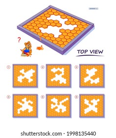 Logic puzzle game for children and adults. 3D maze. Need to find correct top view of honeycomb. Printable page for brain teaser book. Developing spatial thinking skills. IQ test. Vector illustration.