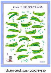 Logic puzzle game for children and adults. Find two identical pea pods. Memory exercises for seniors. Page for kids brain teaser book. Developing spatial thinking. IQ test. Play online.