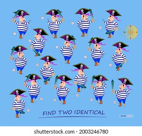 Logic puzzle game for children and adults. Find two identical pirates. Memory exercises for seniors. Page for kids brain teaser book. Developing spatial thinking. IQ test. Play online.
