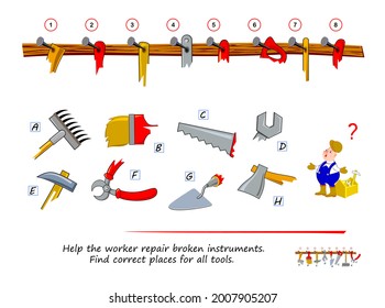 Logic puzzle game for children and adults. Help the worker repair broken instruments. Find correct places for all tools. Page for kids brain teaser book. Developing spatial thinking. Play online.