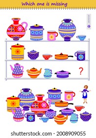 Logic puzzle game for children and adults. Which cookware is missing in kitchen shelf? Find the correct. Memory exercises for seniors. Printable page for kids brain teaser book. IQ test. Play online.