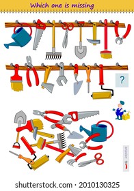 Logic puzzle game for children and adults. Help the worker find the lost working tool. Which one is missing? Page for kids brain teaser book. Developing spatial thinking. IQ test. Play online.