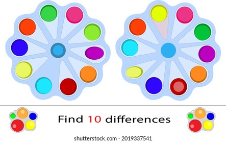 Logic puzzle game for children and adults. Need to find 10 differences. Bright colorful illustration for children. Find the differences between two simple dimple toys.