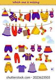 Logic puzzle game for children and adults. Which one of the clothes is missing? Find the lost dress. Printable page for kids brain teaser book. IQ test. Play online. Vector illustration.