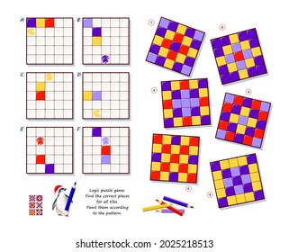 Logic puzzle game for children and adults. Find correct places for all tiles. Paint them according to pattern. Coloring book. Page for kids brain teaser book. Developing spatial thinking. Play online