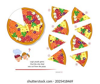 Logic puzzle game for children and adults. Find the slice that was cut from the pizza. Printable page for kids brain teaser book. Developing spatial thinking. Task for attentiveness. Play online.