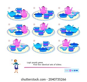 Logic puzzle game for children and adults. Find two identical sets of dishes. Memory exercises for seniors. Page for kids brain teaser book. Developing counting skills. Play online. Vector image.