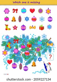 Logic Puzzle Game For Children And Adults. Find The Toy Which Is Not In The Christmas Tree. Which One Is Missing? Brain Teaser Book. Play Online. Kids Activity Sheet. Developing Counting Skills.