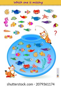 Logic puzzle game for children and adults. Find the sea dweller which is not in the aquarium. Which one is missing? Brain teaser book. Play online. Kids activity sheet. Task for attentiveness.