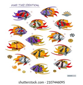 Logic puzzle game for children and adults. Find two identical fishes. Page for kids brain teaser book. Memory exercises for seniors. Developing spatial thinking. IQ test. Play online. Vector image.