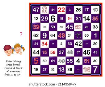 Logic puzzle game for children and adults. Entertaining chess board. Find and count all numbers from 1 to 64. Page for kids brain teaser book. Developing memory and counting skills. Play online.