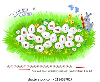 Logic puzzle game for children and adults. Find and count all Easter eggs with numbers from 1 to 20. Page for kids brain teaser book. Developing counting skills. Play online. Vector illustration.