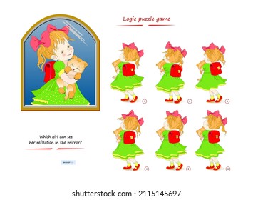 Logic puzzle game for children and adults. Which girl can see her reflection in the mirror? Page for brain teaser book. Developing kids spatial thinking. Task for attentiveness. Vector illustration.