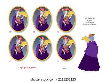 Logic puzzle game for children and adults. Find the mirror in which the fairy sees the correct reflection. Page for brain teaser book. Developing kids spatial thinking. Task for attentiveness.