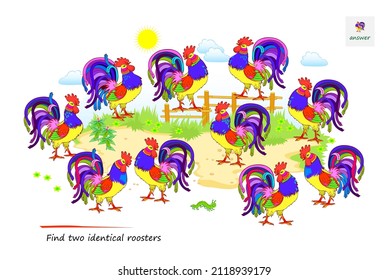 Juego de rompecabezas lógico para niños y adultos. Encuentra dos gallos idénticos. Página para niños libro teaser de cerebro. Ejercicios de memoria para adultos mayores. Tarea de atención. Prueba de CI. Juega en línea. Imagen vectorial.