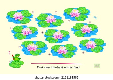 Logic puzzle game for children and adults. Find two identical water lilies. Page for kids brain teaser book. Memory exercises. Task for attentiveness. IQ test. Play online. Vector illustration.