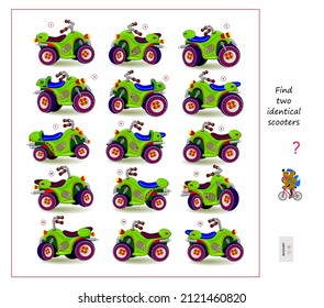 Logic puzzle game for children and adults. Find two identical scooters. Page for kids brain teaser book. Memory exercises. Task for attentiveness. IQ test. Play online. Vector illustration.