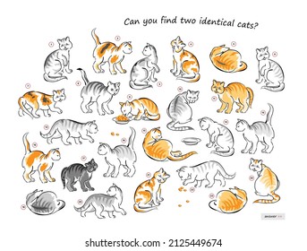 Logic puzzle game for children and adults. Can you find two identical cats? Page for kids brain teaser book. Set of sketches of hungry kittens. IQ test. Play online. Vector cartoon illustration.